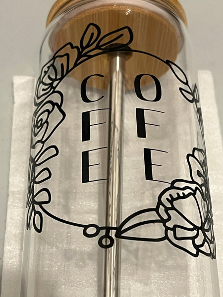 Floral Iced Coffee Glass with Lid - Beer Can Glass