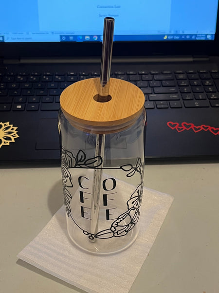 Floral Iced Coffee Glass with Lid - Beer Can Glass